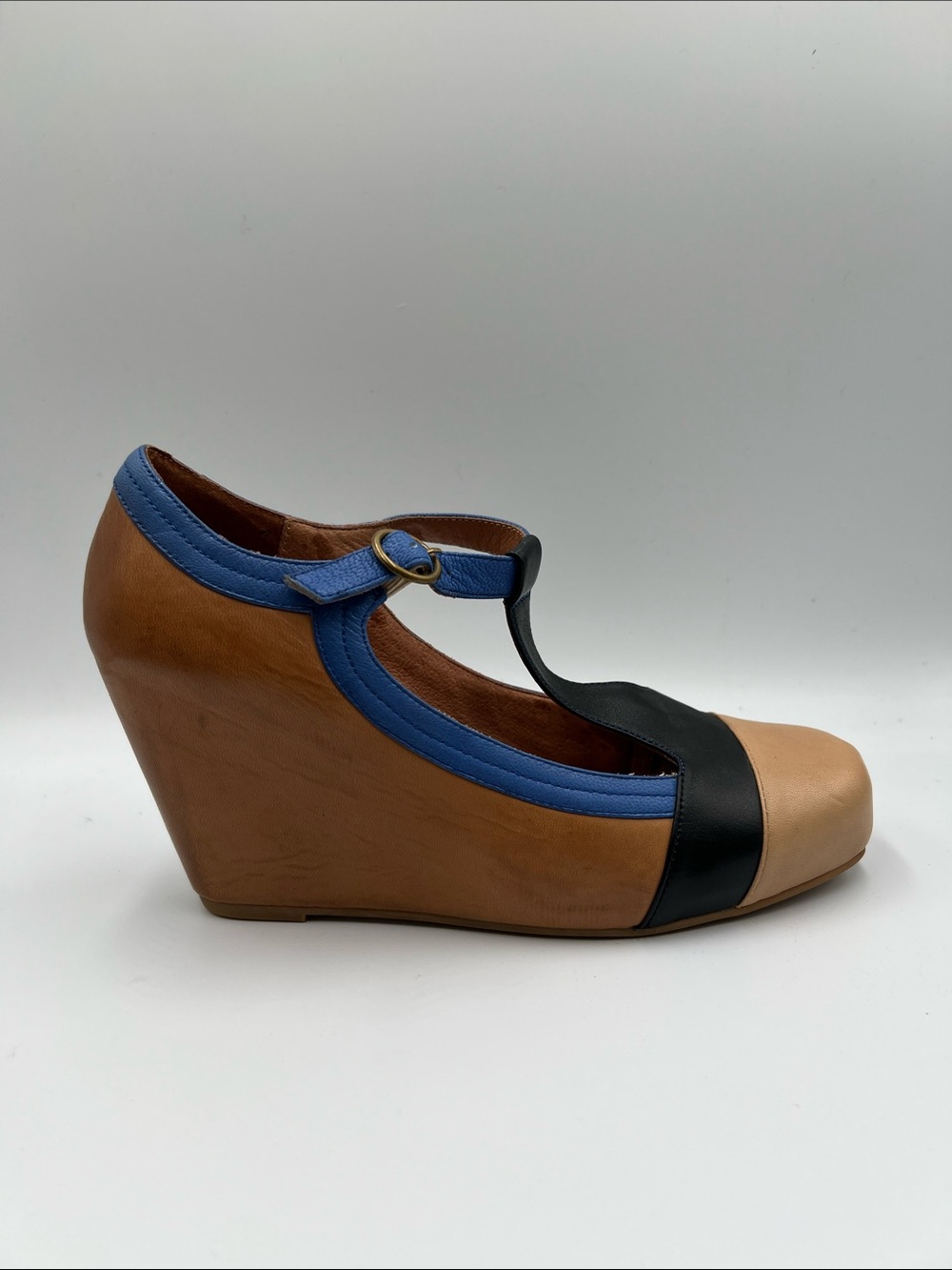 Jeffrey Campbell Darnell wedge t-strap shoe leather pump brown blue black 8 - Picture 1 of 6